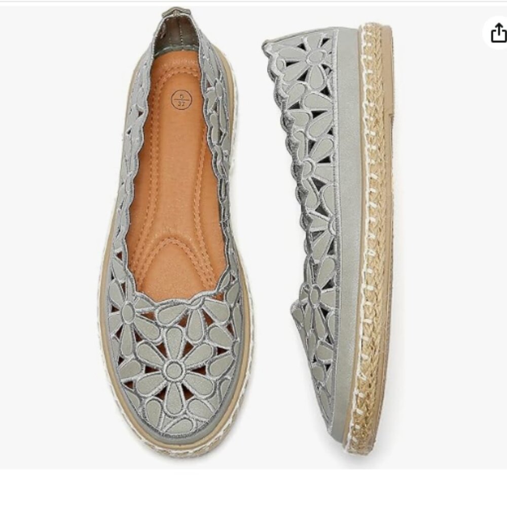 Heawish Flat Gray Leather Daisy Round Toe Casual loafer Rope espadrille sole 9.5